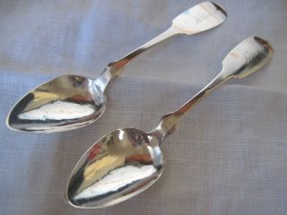 2 Mid 19th C.  Trask Hammered Pure Coin Silver Fiddle Spoons 