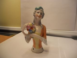 Antique German Pincushion Half Doll Tall Fashion Lady High Color With Flowers photo