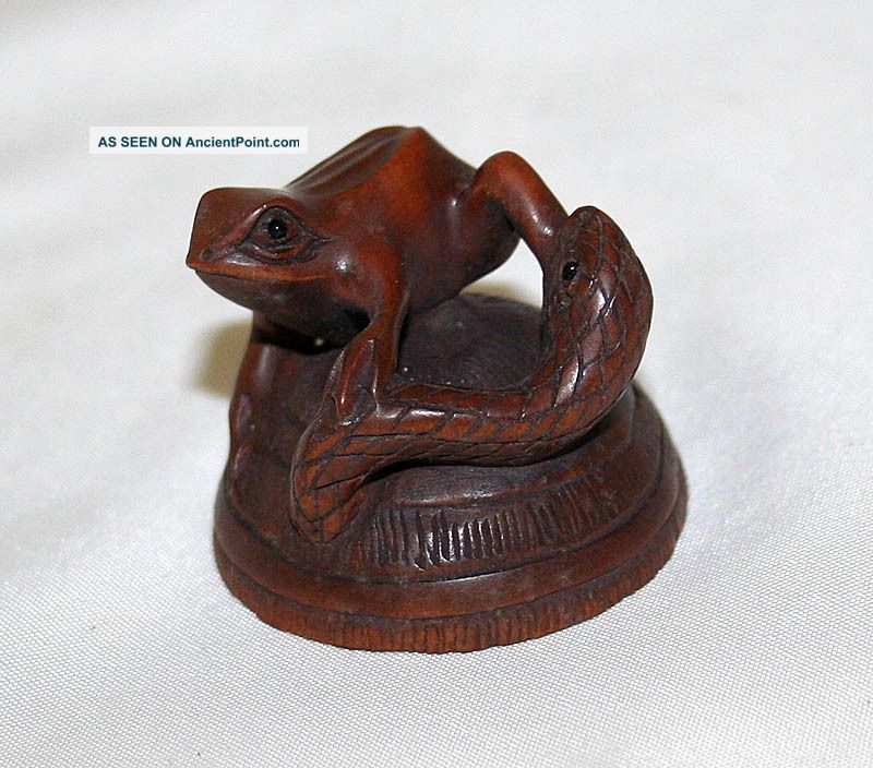 Japanese Antique Netsuke Wood Snake Frog Japan Circa 1920s Netsuke photo
