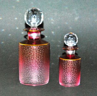 Pair Antique French Baccarat Cranberry Etched Glass Crystal Perfume Scent Bottle photo