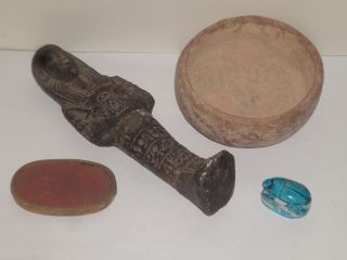 Antiquity Bowl Egyptian Grand Tour Faience Shabti & Intaglio C1800.  Scarab photo