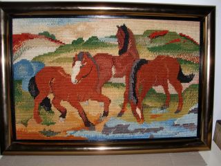 Antique Vintage Needlepoint Horses Embroidery 13 X 19 Picture Finished photo
