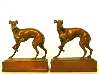 Antique Greyhound Racing Dog Bookends Pompeian Bronze Art Deco Sculpture Whippet photo