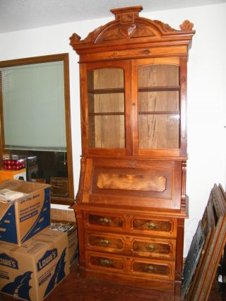 Victorian Burl Walnut Drop Front Secretary/china/hutch Magnificent 7 ' 8 