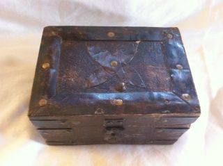 Small Old Wood Folk Art Box Chest With Metal Bands photo