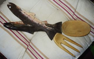 Handmade Handcarved Old Fish Trout Decoy Spoon And Fork Ustensiles photo