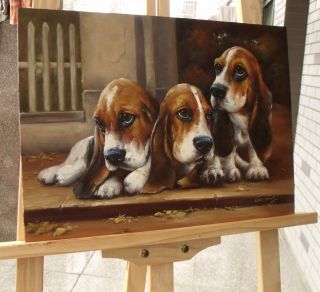 The Basset Hounds - Dog Oil Painting 12 X 16 Inches - Sold Unframed photo