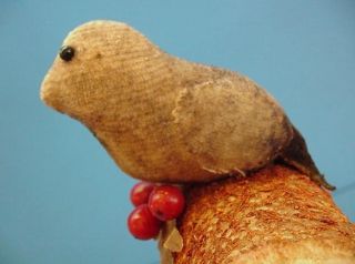 Wonderful Old Primitive Antique Bird On Log Velvet Sawdust Pin Cushion photo