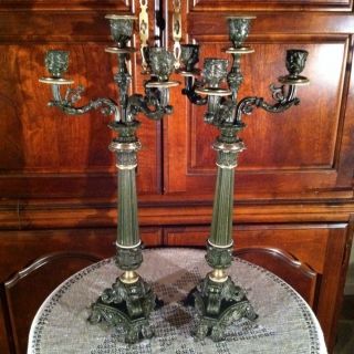 French Restoration Ormolu Gilt Patinated Bronze Candelabra Pair C.  1830 Empire photo