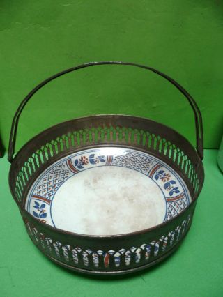 Antique French Ceramic + Metal Cake Plate / Holder: Basket Shape photo