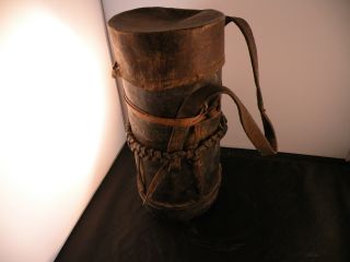 Old African Wood & Leather Bucket,  Grain Box,  Storage Container With Lid photo