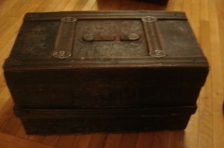 Antique Trunk Shabby Vintage Chic Turn Of The Century With Tin & Grommets photo