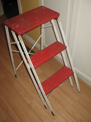 Vintage 1950`s Folding Metal 3 Step Ladder Stool - Red & White - Canada photo