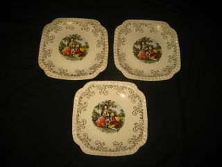 Set Of 3 Victorian French? Courting Couple Motif Man Woman Ceramic Plates Old? photo