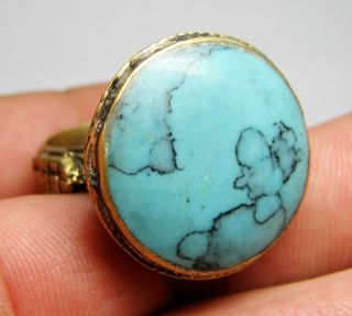 Matncat84 A Nomadic / Bedouin Bronze Ring Old Set With Turquoise H76 photo