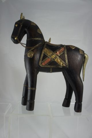 Vintage Chinese Black Wooden Horse Copper Brass Decor photo
