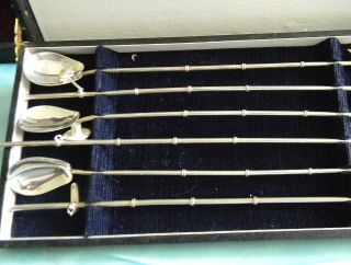 6 Vintage Bamboo Solid Sterling Ice Iced Tea Julep Straw Spoons Box Japan photo