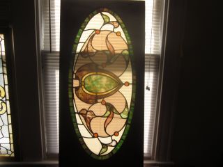 Antique Art Nouveau Jeweled Stained Glass Window,  Rare Oval Window photo