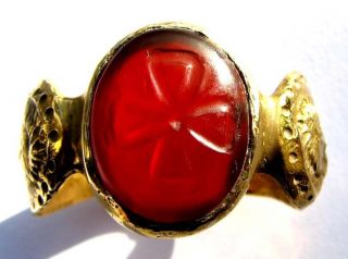 Fine Late Medieval Era Gold Gilt Ring Deep Red Carnelian Stone Templar Cross photo