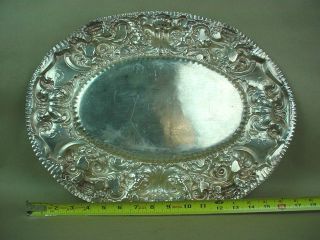 1920s Antique Solid Silver Peruvian Large Oval Plate W/ornate Edge photo