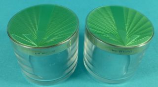 Stunning Pair Art Deco Sterling Silver Green Guilloche Enamel Glass Boxes 1937 photo