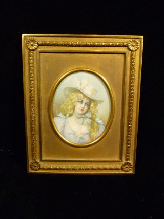 19th Century French Hand Painted Portrait Blond Bonneted Beauty In Period Frame photo