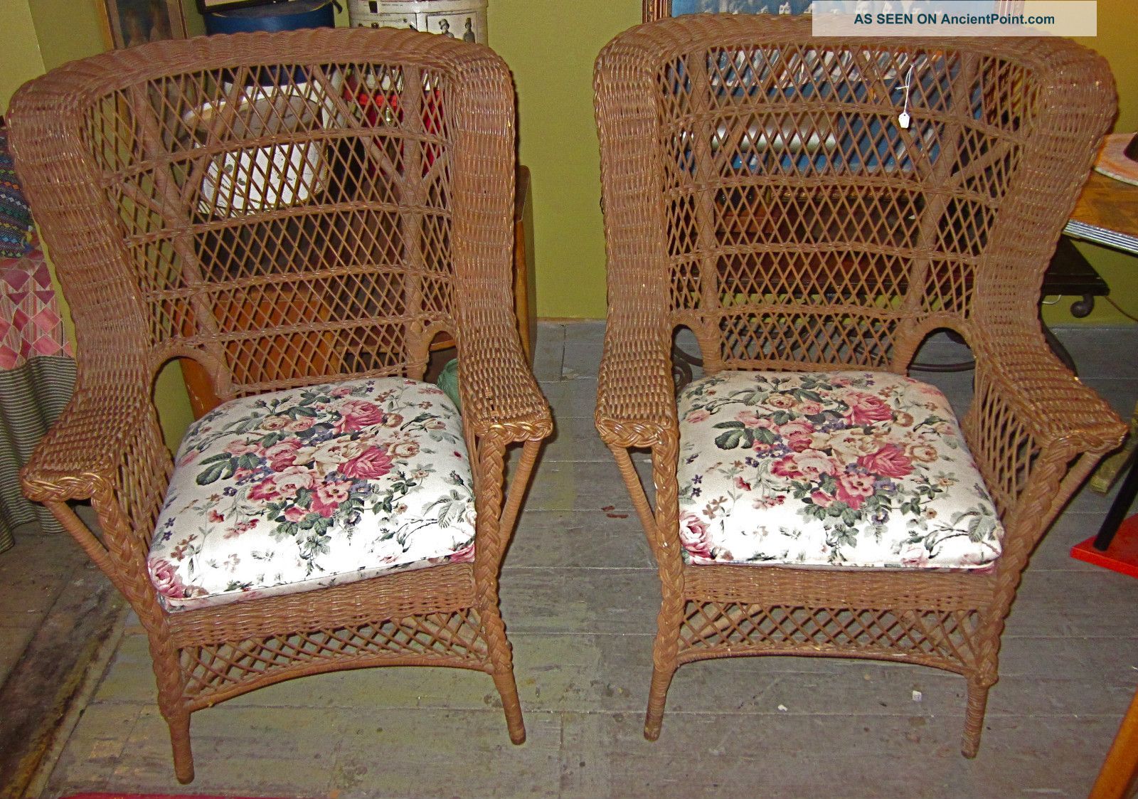 Vintage Rare Bar Harbor Pair Oversize Wing Chairs In Finish W/ Cushions 1800-1899 photo