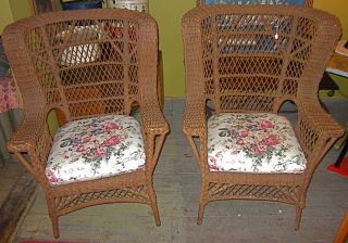 Vintage Rare Bar Harbor Pair Oversize Wing Chairs In Finish W/ Cushions photo