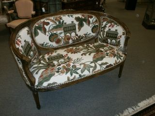 Charming Vintage French Crewel Upholstery Settee photo