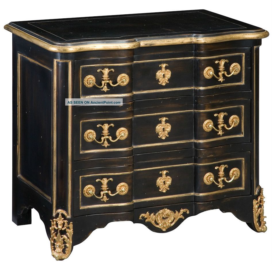 French Provincial Black & Gold Distressed Chest Of Drawers Table Cast Brass New 1800-1899 photo