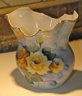 Hand Painted Victorian Yellow Rose Vase Gold Gilt Vgc Detail Both Sides Clean photo