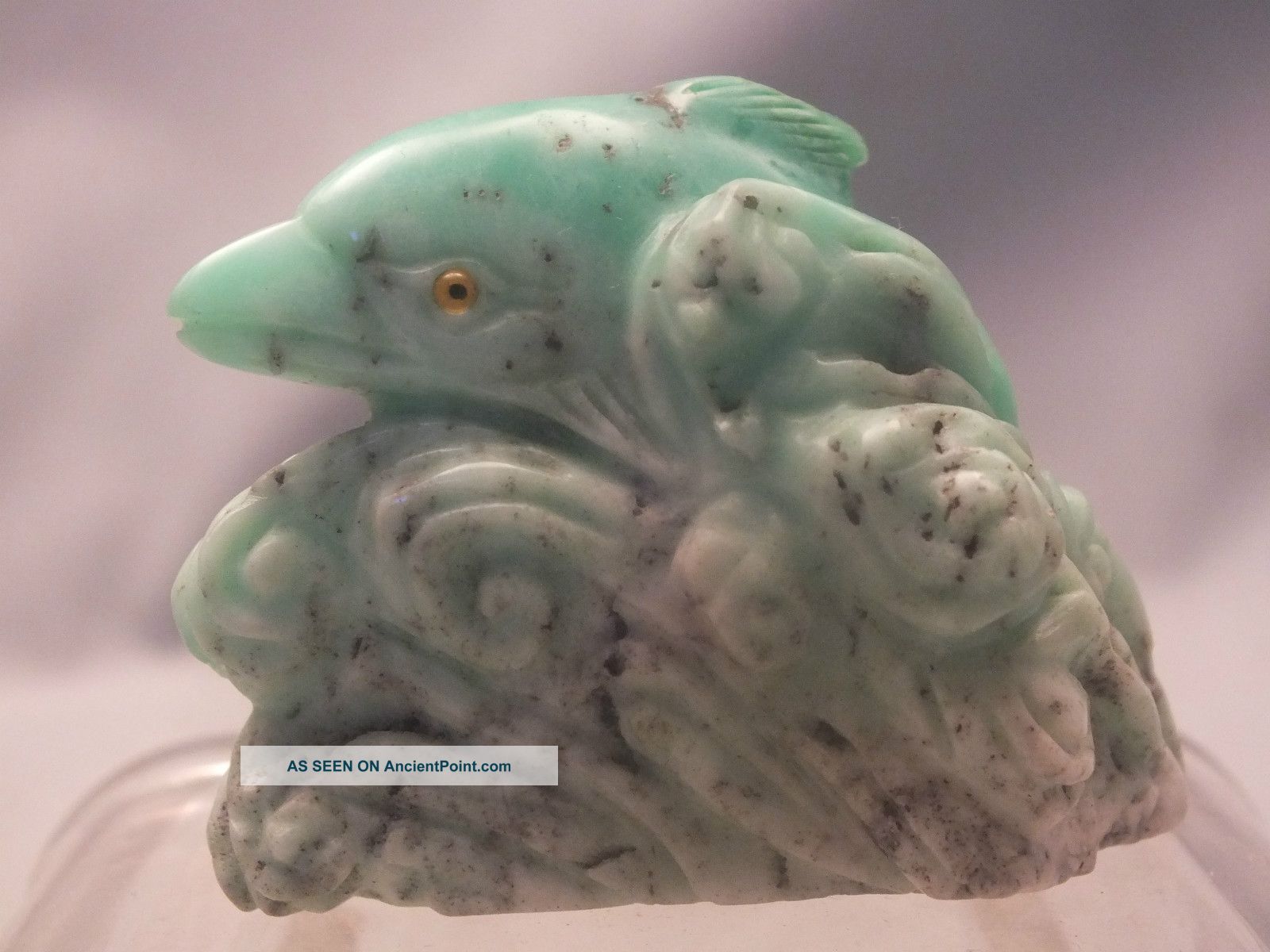 Chinese Hardstone (jadeite?) Carving Of Dolphin In Waves With Glass Eyes 20thc Jade/ Hardstone photo