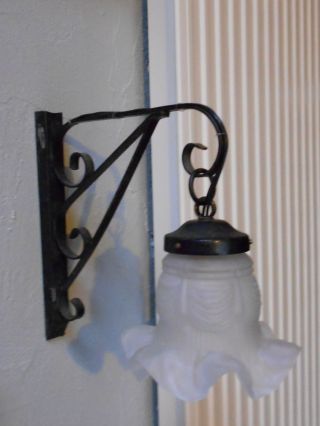 Old Antique French Wrought Iron Ceiling Light W/ Its Lampshade photo