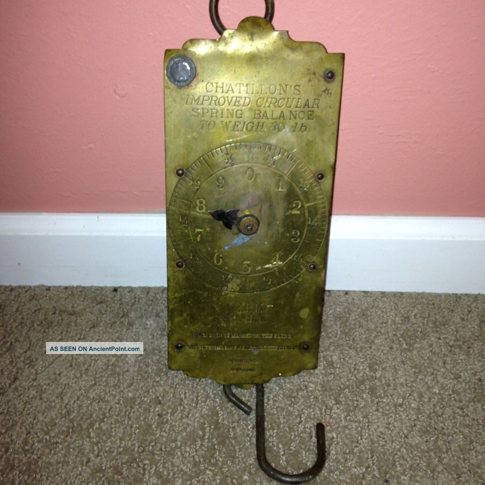 Antique Iron Brass Face Chatillons New York Spring Balance Hanging Milk Scale 30 Scales photo