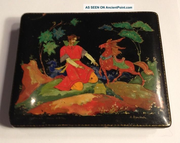Palekh Russian Lacquered Box Manex 1964 Mythical Scene Signed H Abahor Russian photo