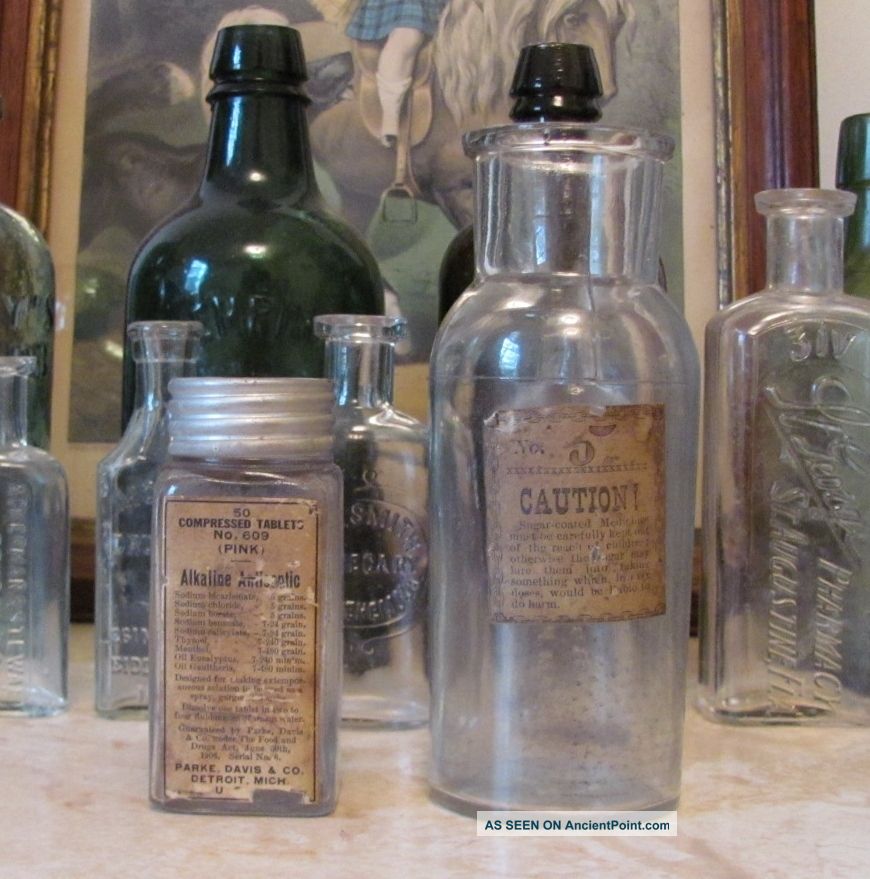 2 Pc Antique Medicine Pill Bottle Lot W Labels Primitives photo