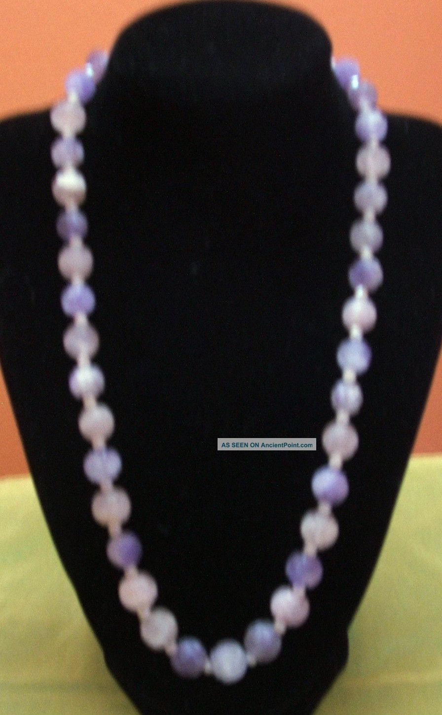 Vintage Chinese Carved Amethyst & Rose Quartz Bead Necklace Shou Symbol Necklaces & Pendants photo