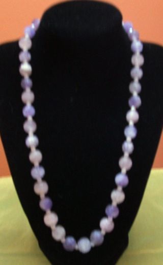 Vintage Chinese Carved Amethyst & Rose Quartz Bead Necklace Shou Symbol photo