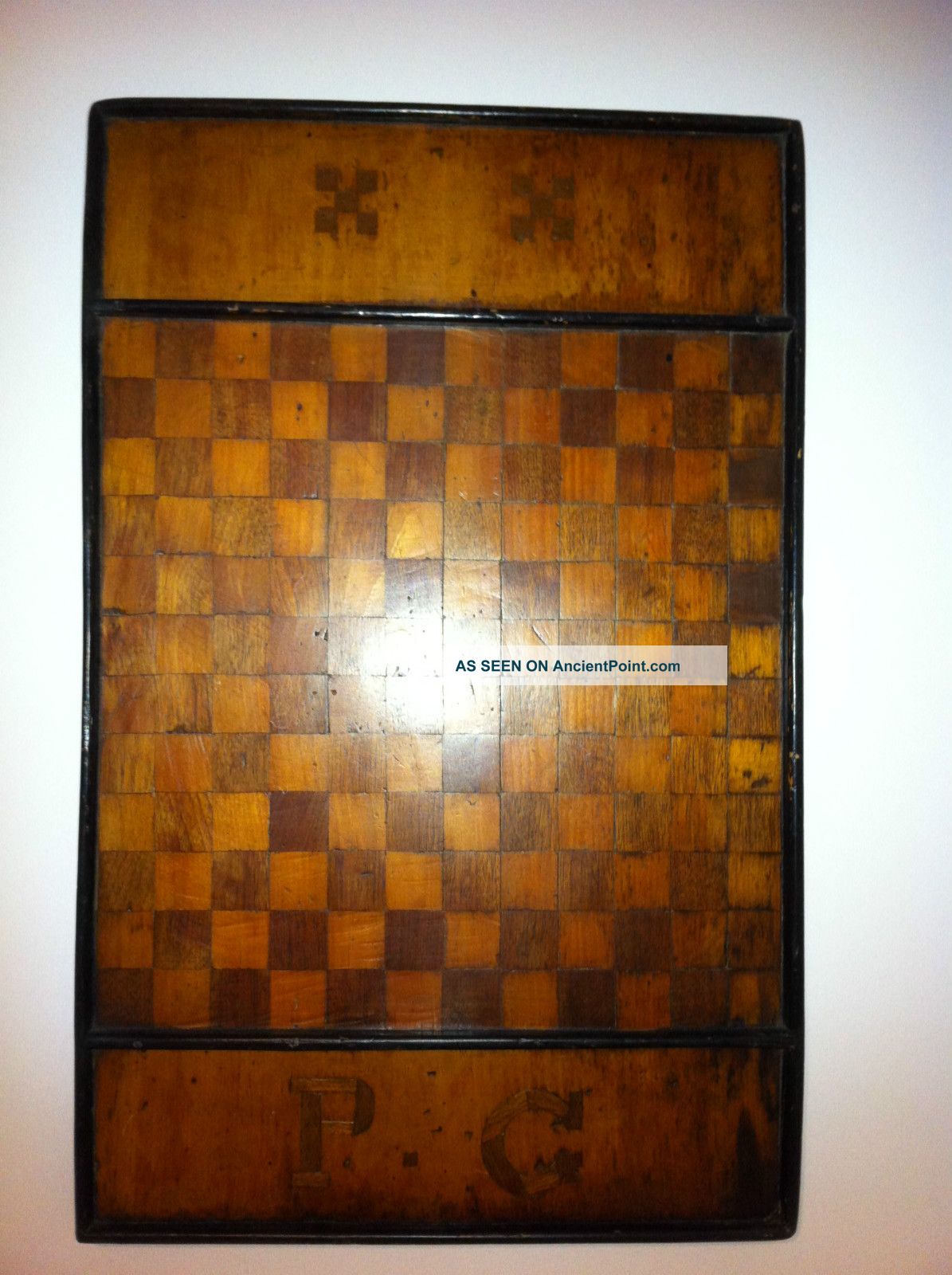 Antique Folk Art Checkerboard Game Board Signed Inlaid Wood Folk Art photo