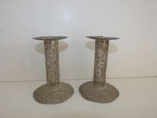 Antique Chinese Export Silver Rare Open Work Candlesticks Chinese Characters photo