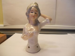 Antique German Pincushion Half Doll Lady Hand On Head Grey Hair Yellow Headband photo