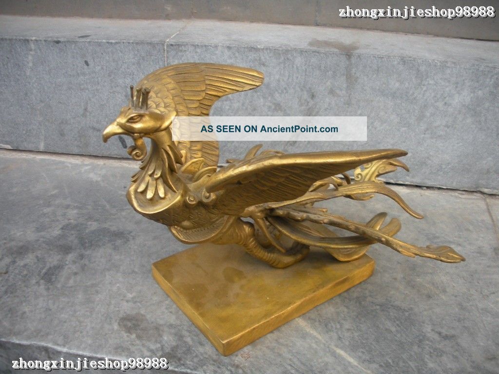 Chinese Pure Brass Carve Suzaku Phoenix God Of Animals Birds Statue Reproductions photo
