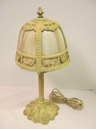 Art Nouveau Boudouir Lamp Bent Panel Glass Shade Signed M L Co photo