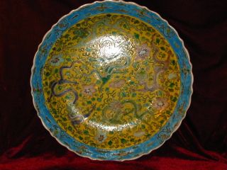 The Qing Dynasty Outstanding Powder Enamel Yellow Glaze Dragon Plate photo