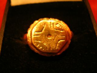 Ancient Bronze Roman /byzantine Ring With ' Cross ' On Bezel photo