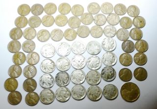 Wholesale/junk Drawer Coins 20 - Buffalo Nickels,  45 - Wheat Cents,  1 - Canadian Dollar photo