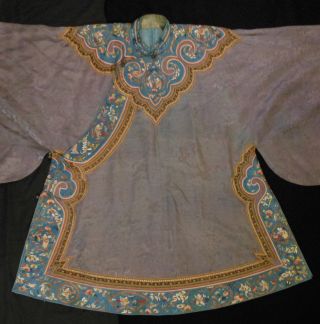 Antique Chinese Embroidered Gray Silk Short Robe With Cloud Collar photo