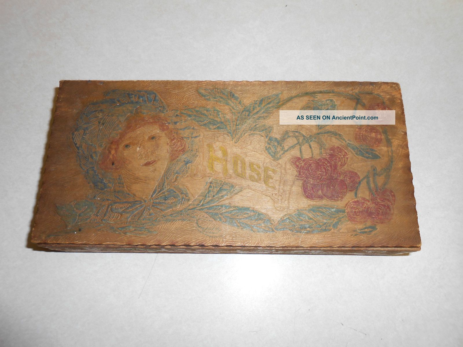 Pyrography Art Wood Hose Box Dutch Holland Gibson Girl Cherries 10x5 Boxes photo