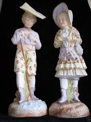 Pair Bisque Porcelain Figurines Boy Girl Figures Rudolstadt Germany Ca1895 Rare photo