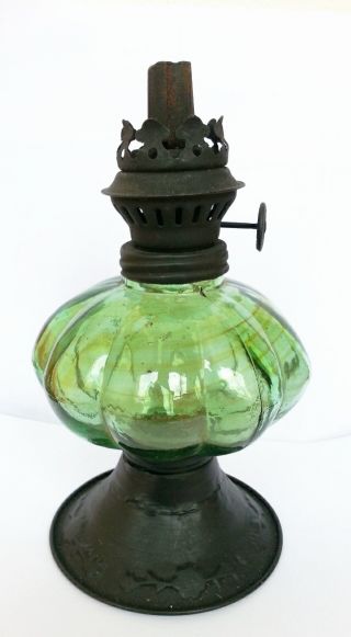 Antique Vintage Green Depression Glass Kerosene Lamp Base Antique Thai 